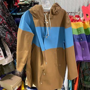 NWOT Stutterheim Stripe "tobacco" brown/sky blue raincoat XXL